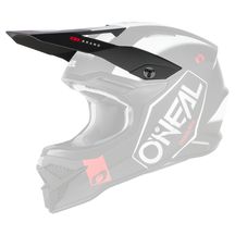 Ein O'NEAL Visor 3SRS Helm HEXX in Schwarz und Weiß weist rote Akzente auf schwarzem Hintergrund auf. Der Helm verfügt über ein Visier, Belüftungsöffnungen und eine gepolsterte Innenausstattung für mehr Komfort. Auf der Seite ist das O'NEAL-Logo zusammen mit dem Wort „Enduroride“ deutlich zu sehen.