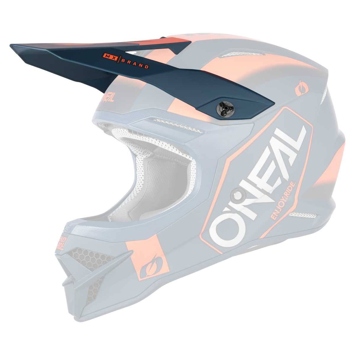 Der O'NEAL Visor 3SRS Helm HEXX in einem auffälligen Farbschema aus Blau und Orange verfügt über das auffällige O'Neal-Logo an der Seite. Dieser Integralhelm ist mit einem Visier, einem ausgeprägten Kinnschutz und Belüftungsöffnungen für optimalen Schutz bei Offroad-Bike-Aktivitäten ausgestattet.
