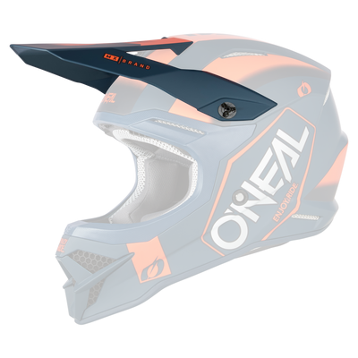 El Casco O'NEAL Visor 3SRS Hexx es un casco integral de motocross azul y naranja con visera, grandes aberturas de ventilación y la llamativa marca O'NEAL blanca en el lateral.