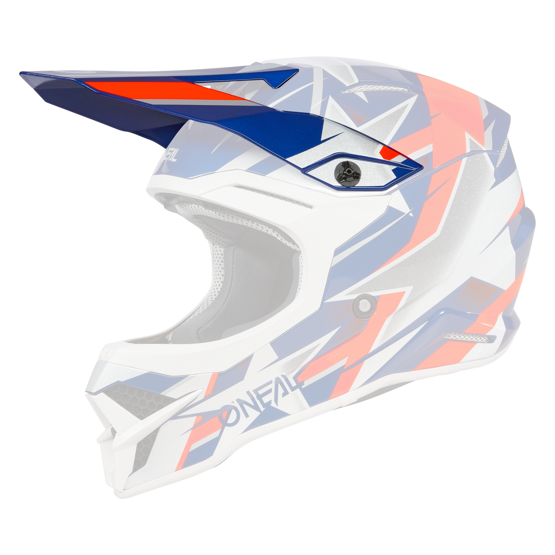 Der O'NEAL Visor 3SRS Helm RIDE ist ein Motocross-Helm in blauem, weißem und rotem geometrischen Design mit Visier, Kinnschutz, "O'NEAL" an der Seite und aerodynamischen Belüftungsöffnungen.