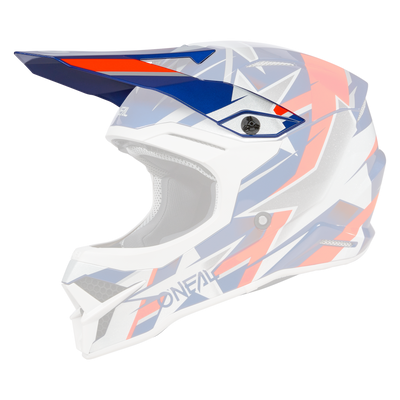 Der O'NEAL Visor 3SRS Helm RIDE ist ein Motocross-Helm in blauem, weißem und rotem geometrischen Design mit Visier, Kinnschutz, "O'NEAL" an der Seite und aerodynamischen Belüftungsöffnungen.