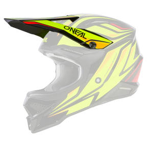 Der O'NEAL Visor 3SRS Helm VERTICAL besticht durch ein lebendiges, kantiges Design mit kräftigen geometrischen Mustern in Neongelb, Schwarz und Rot. Dieser moderne und dynamische Motocross-Helm verfügt über ein markantes Visier, elegante Belüftungsöffnungen und den Markennamen „O’NEAL“ auf der Stirnpartie.
