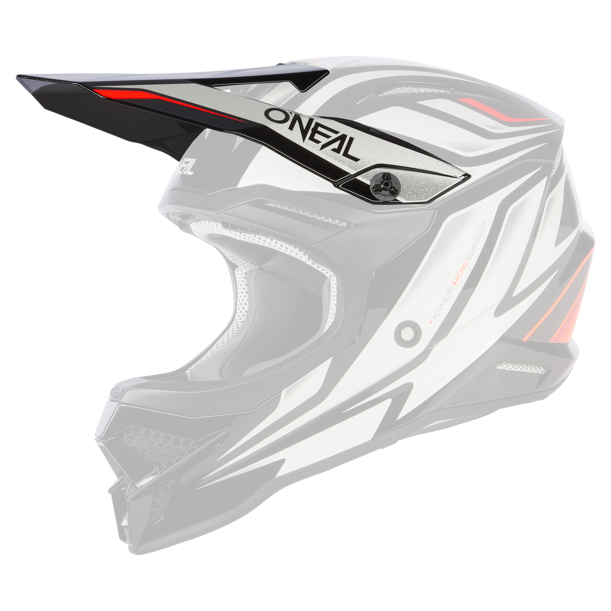 Der O'NEAL Visor 3SRS Helm VERTICAL, der an der Seite und dem Visier mit dem Markennamen „O'NEAL“ versehen ist, besticht durch ein schwarz-weiß-rotes Farbschema. Er verfügt über ein schlankes, aerodynamisches Design mit eckigen Mustern und einem offenen Gesicht und bietet Fahrern robusten Schutz und Stil.