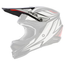 Der O'NEAL Visor 3SRS Helm VERTICAL, der an der Seite und dem Visier mit dem Markennamen „O'NEAL“ versehen ist, besticht durch ein schwarz-weiß-rotes Farbschema. Er verfügt über ein schlankes, aerodynamisches Design mit eckigen Mustern und einem offenen Gesicht und bietet Fahrern robusten Schutz und Stil.