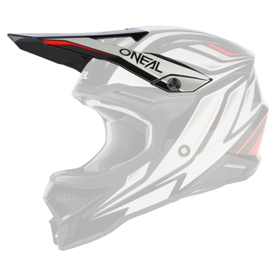 Der O'NEAL Visor 3SRS Helm VERTICAL, der an der Seite und dem Visier mit dem Markennamen „O'NEAL“ versehen ist, besticht durch ein schwarz-weiß-rotes Farbschema. Er verfügt über ein schlankes, aerodynamisches Design mit eckigen Mustern und einem offenen Gesicht und bietet Fahrern robusten Schutz und Stil.