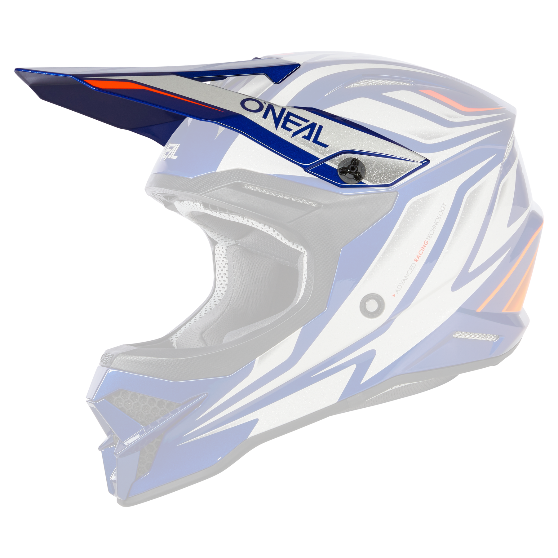 Der O'NEAL Visor 3SRS Helm VERTICAL hat ein blaues, weißes und orangefarbenes, kantiges Design mit einem verlängerten Visier, seitlichem O'NEAL-Branding, Belüftungsöffnungen und einer gepolsterten Innenseite für Komfort und Schutz.