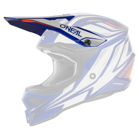 Der O'NEAL Visor 3SRS Helm VERTICAL besticht durch ein markantes, modernes Design in Blau und Weiß mit roten Akzenten, abgerundet durch eine eckige Form und ein Visier. Der Markenname „O'NEAL“ ist sowohl an der Seite als auch an der Oberseite des Helms deutlich zu sehen. Für mehr Sicherheit und Komfort verfügt er über Schutzpolster und Belüftungsöffnungen.