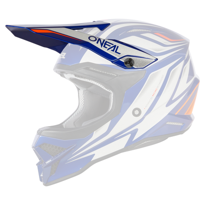 The O'NEAL Visor 3SRS VERTICAL helmet has a blue, white and orange edgy design with an extended visor, side O'NEAL branding, vents and a padded interior for comfort and protection.