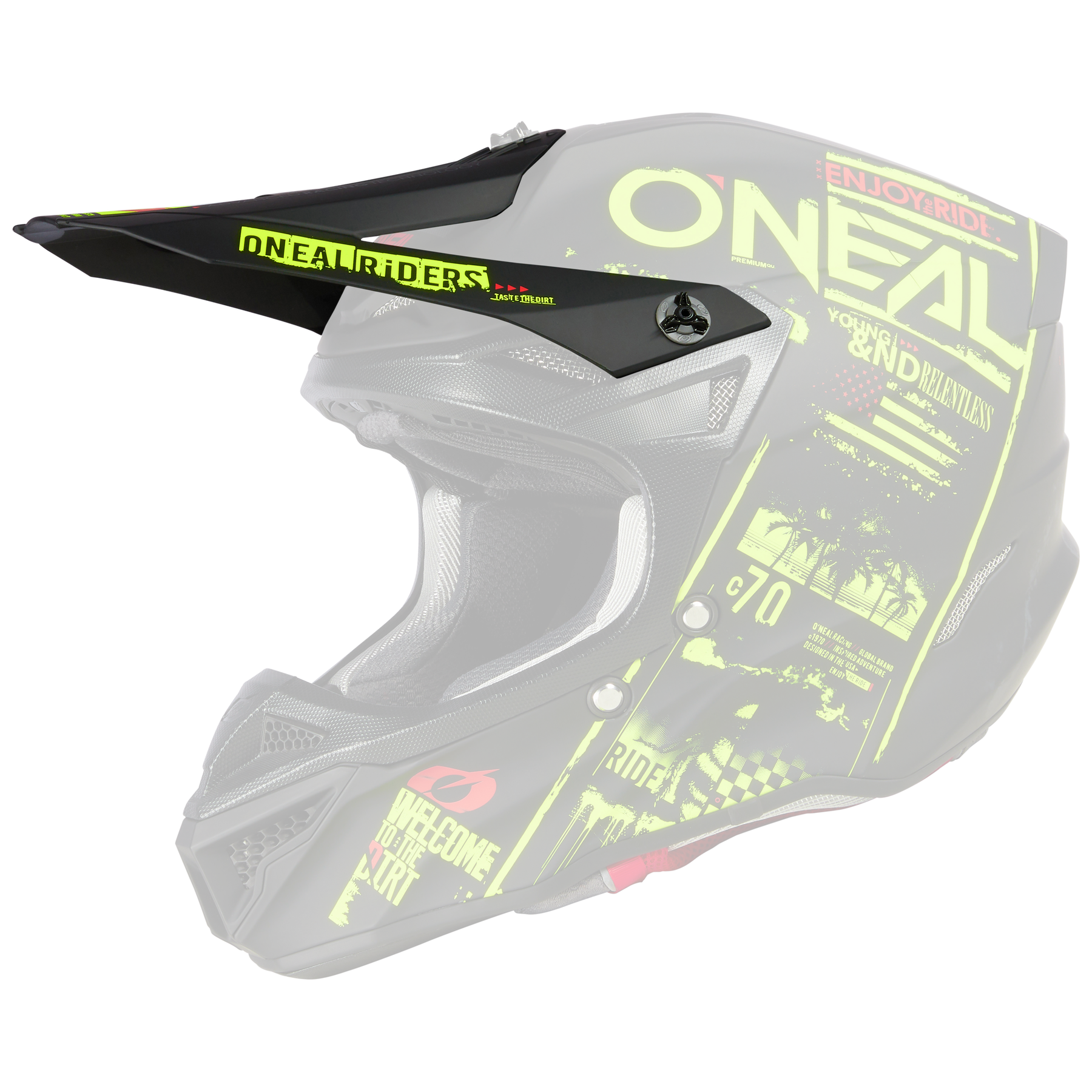 Der O'NEAL Visor 5SRS Polyacrylite Helm ATTACK hat ein mattschwarzes und neongelbes Design mit auffälligen "O'NEAL"-Grafiken, abstrakten Mustern, einem großen Visier und einem stabilen Kinnschutz.
