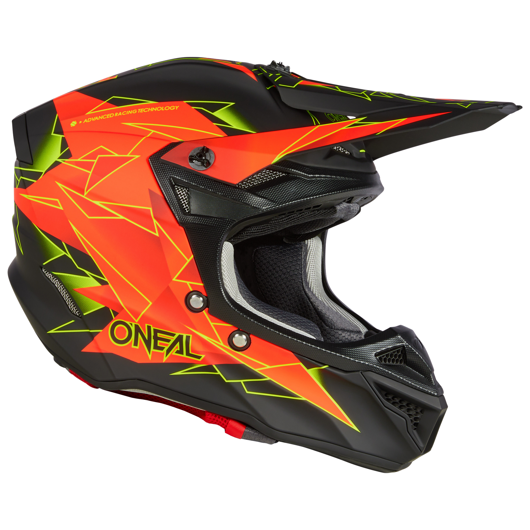Der O'NEAL 5SRS Polyacrylite Helm SURGE ist ein schwarzer Motocross-Helm, der mit leuchtend roten und neongrünen geometrischen Mustern verziert ist. Dieser Helm verfügt über ein Visier und ein auffälliges „O'NEAL“-Branding an der Seite. Er ist für die Sicherheit bei Extremsportarten konzipiert und trägt auf der Oberseite einen Text mit fortschrittlicher Renntechnologie.