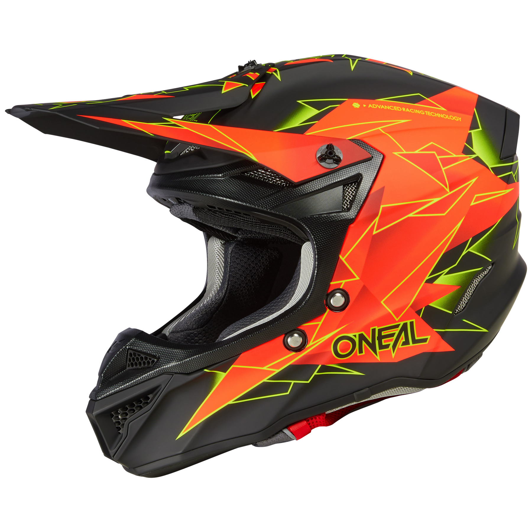 Der O'NEAL 5SRS Polyacrylite Helm SURGE zeichnet sich durch ein lebendiges, eckiges Design mit leuchtend roten, orangefarbenen und grünen geometrischen Mustern aus. Seine hochwertige Verarbeitung sorgt für Langlebigkeit, während das markante Visier für Funktionalität sorgt. Die Marke „O'NEAL“ ist stolz auf der Seite angebracht und sorgt für zusätzlichen Stil.