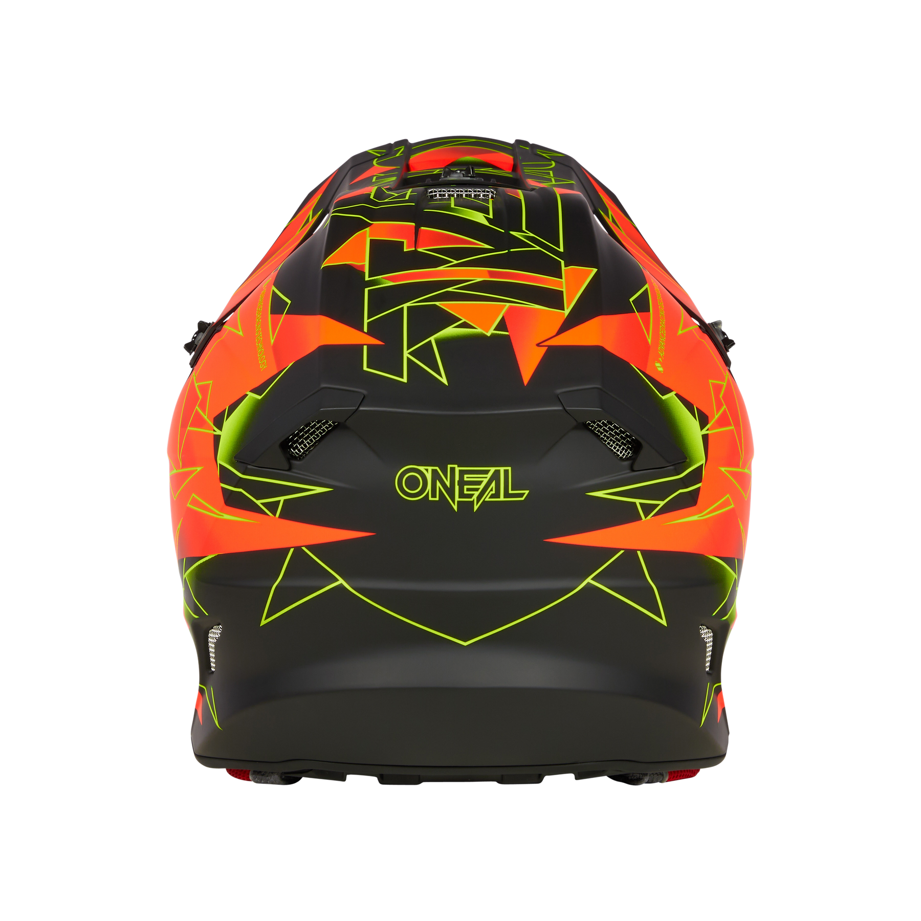 Draufsicht eines O'NEAL 5SRS Polyacrylite Helm SURGE mit eckigem geometrischem Design in leuchtendem Orange, Gelb und Schwarz. Der Markenname „O'NEAL“ ist deutlich auf der Rückseite zu sehen. Dieser Helm scheint für Motorradfahren oder Extremsport konzipiert zu sein und verfügt über hochwertige Technik und Belüftungsöffnungen.