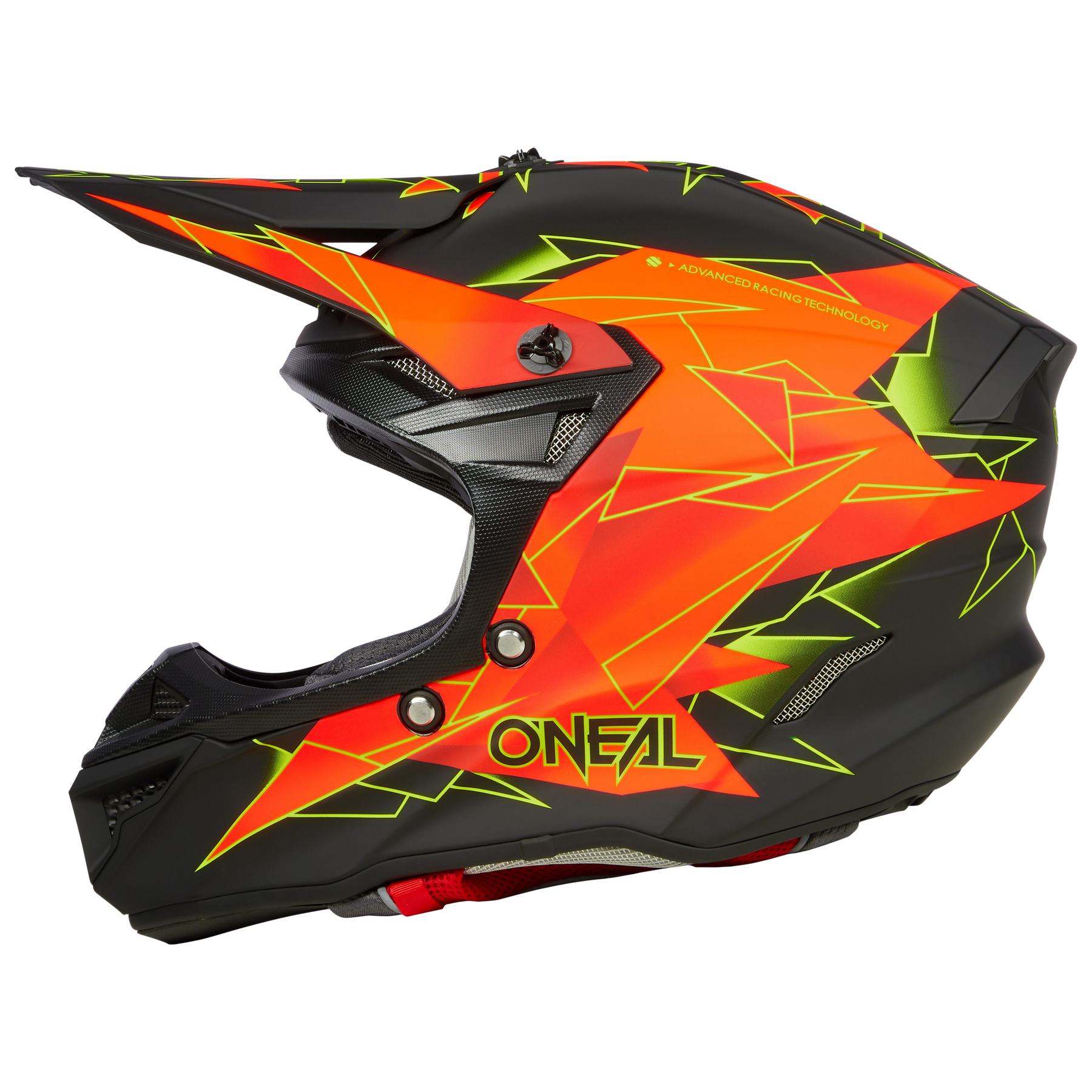 Der O'NEAL 5SRS Polyacrylite Helm SURGE ist ein schwarz-orangefarbener Motocross-Helm, der mit eckigen neongrünen und roten Grafiken verziert ist. Mit einem Visier, Belüftungslöchern und dem seitlich aufgedruckten Markennamen „O'NEAL“ ist dieses schlanke, dynamische Design ein Beispiel für hochwertige Technik und eignet sich perfekt für das Offroad-Biken.