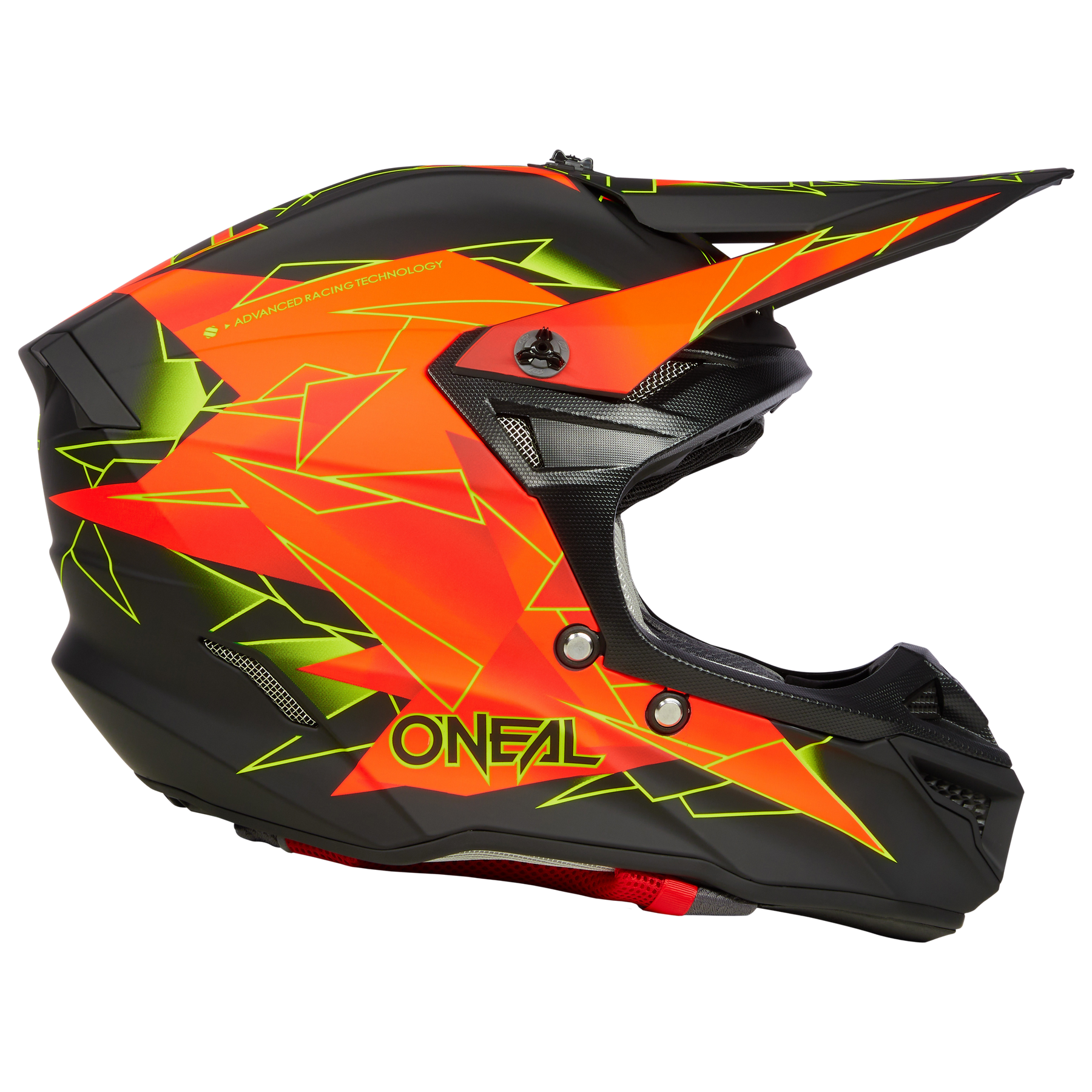 Der O'NEAL 5SRS Polyacrylite Helm SURGE ist ein schwarzer und neonfarbener Motocross-Helm, der mit eckigen geometrischen Mustern in Orange und Gelb verziert ist. Er verfügt über ein Vollvisier und Belüftungselemente, und der Markenname „O'NeAL“ ist an der Seite deutlich sichtbar. Das schlanke Design dieses O'NEAL ABS Motocross-Helms ist sowohl mutig als auch modern.