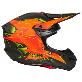 Der O'NEAL 5SRS Polyacrylite Helm SURGE ist ein schwarzer und neonfarbener Motocross-Helm, der mit eckigen geometrischen Mustern in Orange und Gelb verziert ist. Er verfügt über ein Vollvisier und Belüftungselemente, und der Markenname „O'NeAL“ ist an der Seite deutlich sichtbar. Das schlanke Design dieses O'NEAL ABS Motocross-Helms ist sowohl mutig als auch modern.