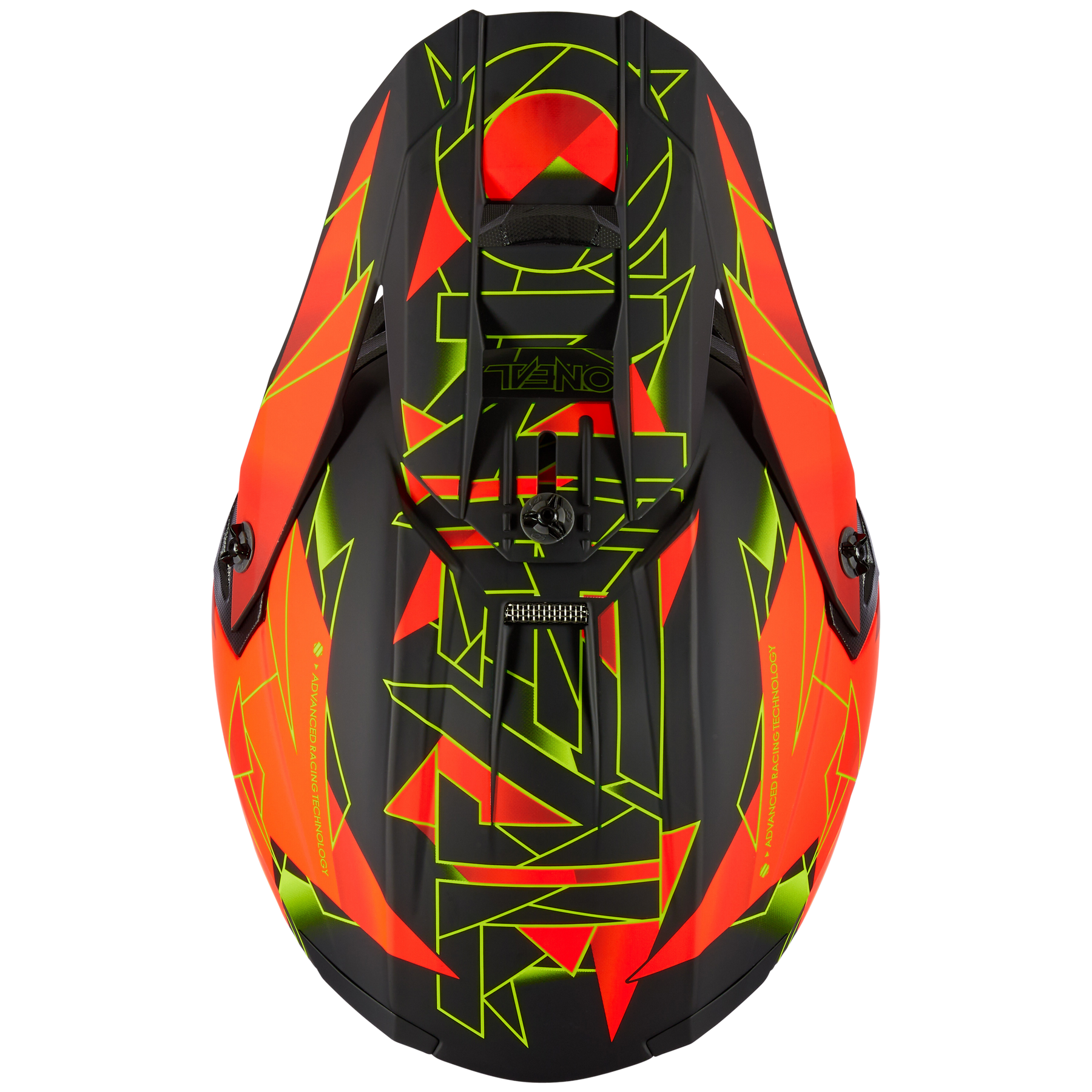 Draufsicht auf den O'NEAL 5SRS Polyacrylite Helm SURGE mit leuchtend neonorangenen und grünen geometrischen Mustern. Das Design ist kompliziert und eckig, mit scharfen Linien und abstrakten Formen, die hochwertige Technik zeigen, die ihm ein futuristisches Aussehen verleiht.