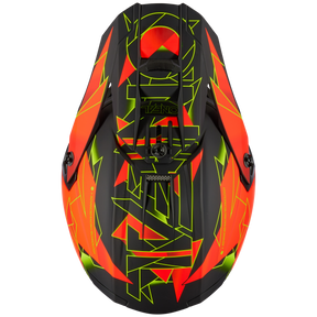 Draufsicht auf den O'NEAL 5SRS Polyacrylite Helm SURGE mit leuchtend neonorangenen und grünen geometrischen Mustern. Das Design ist kompliziert und eckig, mit scharfen Linien und abstrakten Formen, die hochwertige Technik zeigen, die ihm ein futuristisches Aussehen verleiht.