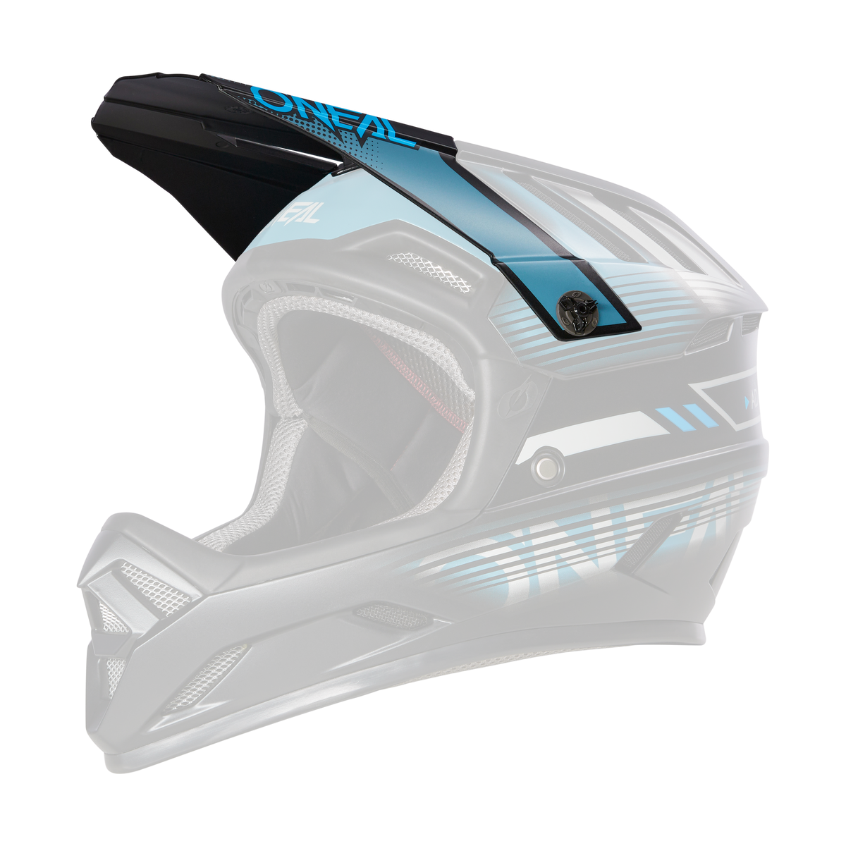Der O'NEAL Visor BACKFLIP Helmet ECLIPSE ist ein schwarzer Motocrosshelm mit blauen Akzenten und dem Markennamen „O'NEAL“ in weißen und blauen Buchstaben an der Seite und Oberseite. Dieser Integralhelm verfügt über ein Visier, mehrere Belüftungsöffnungen und zeichnet sich durch eine schlanke, aerodynamische Form aus.