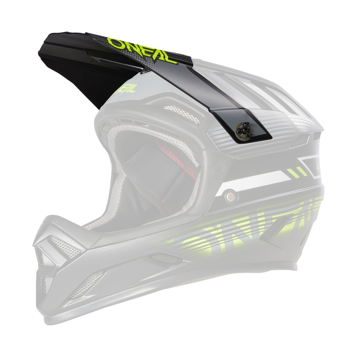 Der O'NEAL Visor BACKFLIP Helm ECLIPSE in Schwarz und Neongrün, dargestellt in einer Seitenprofilansicht vor schwarzem Hintergrund. Dieser O'Neal Integral-Motocrosshelm verfügt über ein belüftetes Design, ein Visier und einen verstellbaren Kinnriemen für Sicherheit und Komfort.