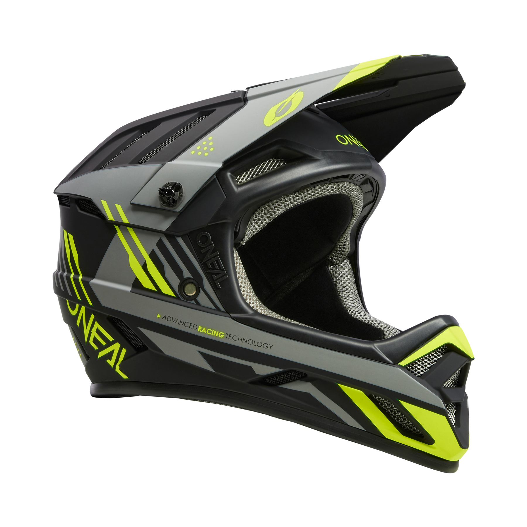 Der O'NEAL BACKFLIP Helm STRIKE ist ein schwarz-grauer Integralhelm mit neongelben Akzenten, Visier, Mesh-Belüftungsöffnungen und markantem O'NEAL-Branding - ideal für MTB-Abenteuer.