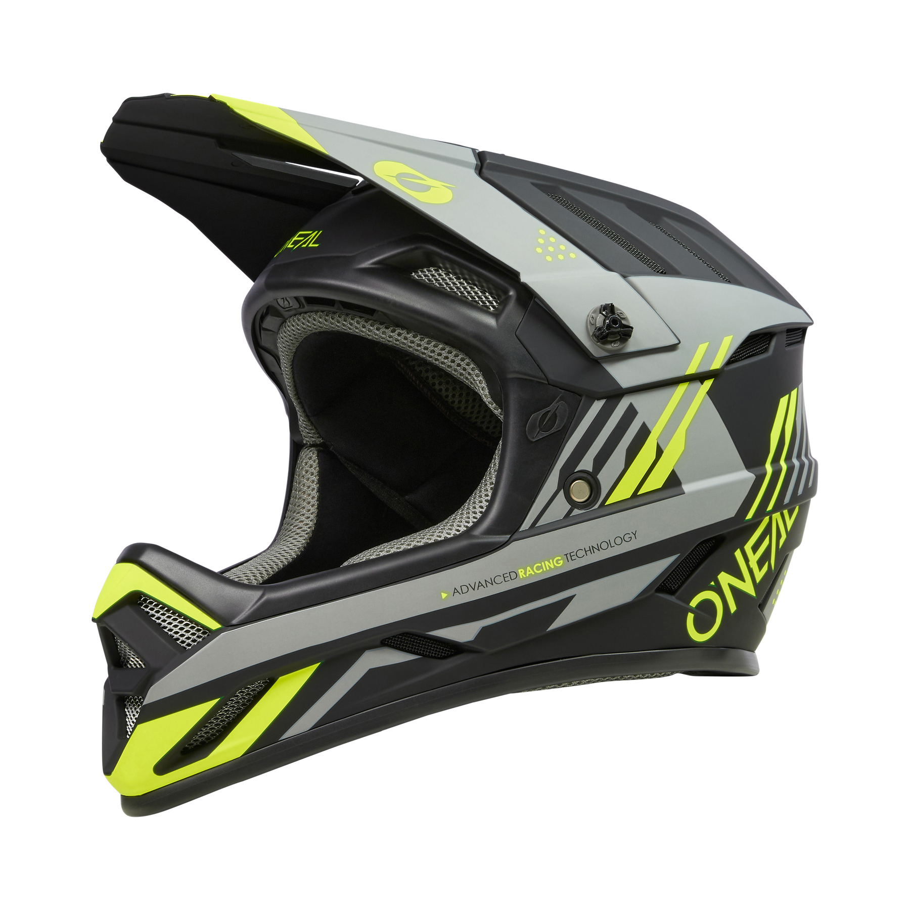 Der O'NEAL BACKFLIP Helm STRIKE ist ein schwarzer, grauer und neongelber Fullface-MTB-Helm mit Visier, Belüftungseinsätzen und auffälligen Grafiken - ideal für Mountainbike-Abenteuer.