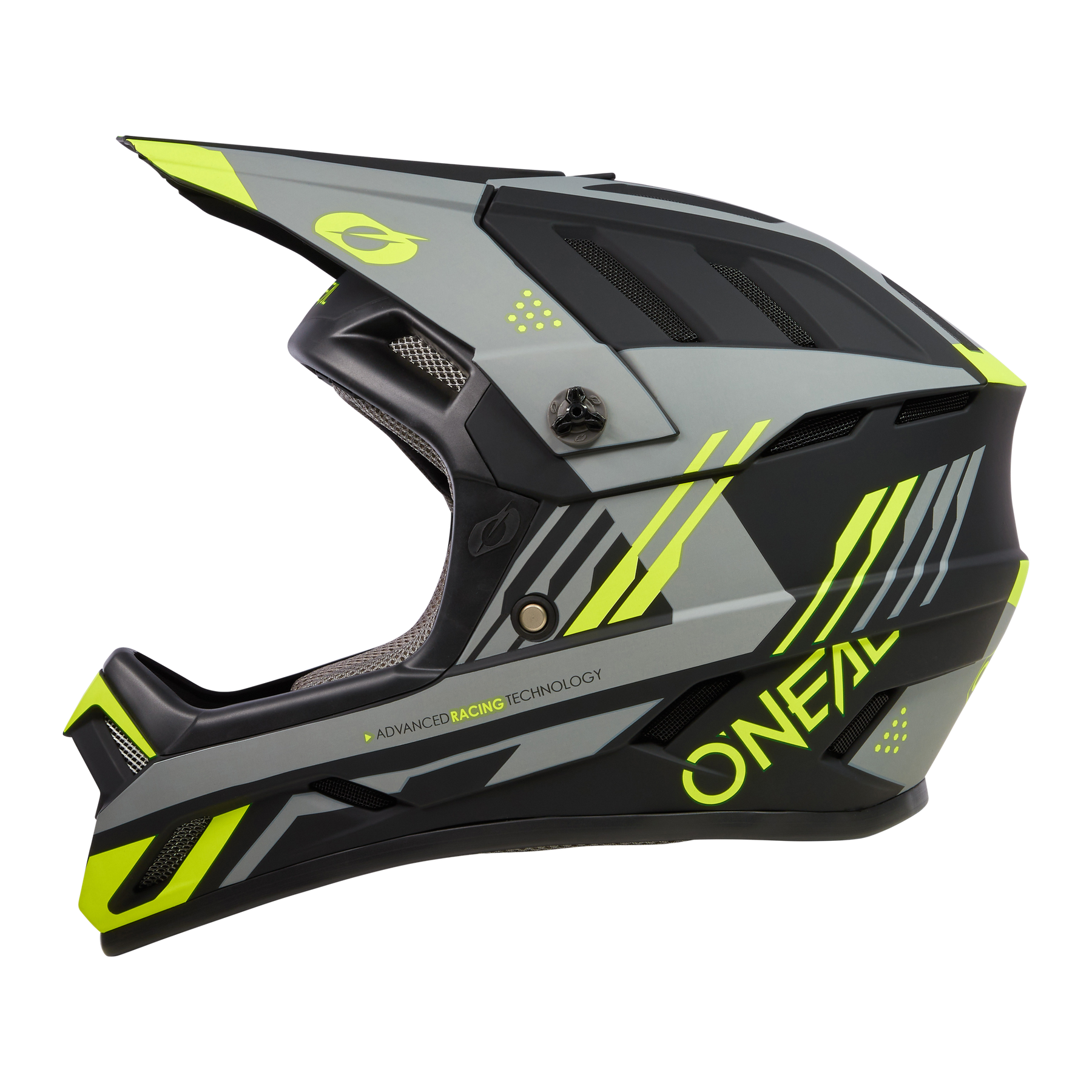 Der O'NEAL BACKFLIP Helm STRIKE ist ein moderner Fullface-MTB-Helm in mattem Grau und Schwarz mit leuchtend gelben Akzenten, einem Visier und einem kantigen, sportlichen Design - ideal für Mountainbike-Fans.