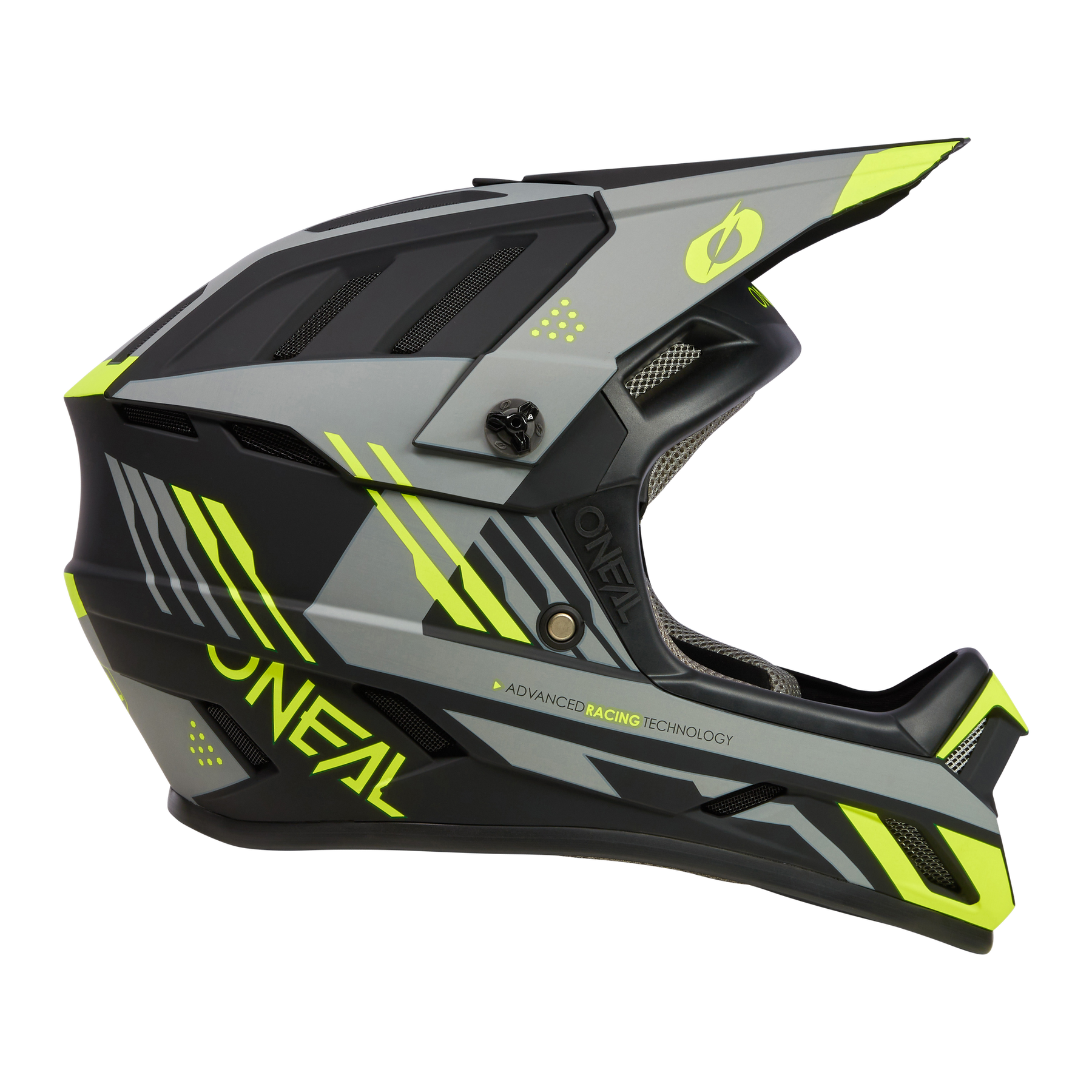 Der O'NEAL BACKFLIP Helm STRIKE ist ein mattgrauer und schwarzer Integralhelm mit neongelben Akzenten, modernem aerodynamischen Design und O'NEAL-Branding - perfekt für Motocross oder Mountainbiking.