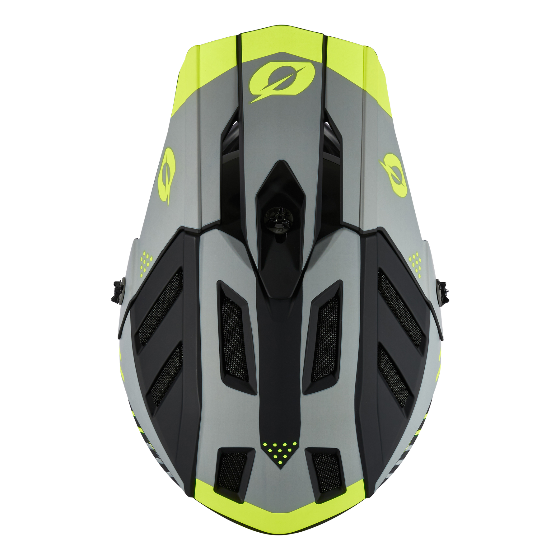Ansicht des O'NEAL BACKFLIP Helm STRIKE von oben, ein grau-schwarzer MTB-Helm mit neongelben Akzenten und dem O'NEAL-Logo auf schwarzem Hintergrund.
