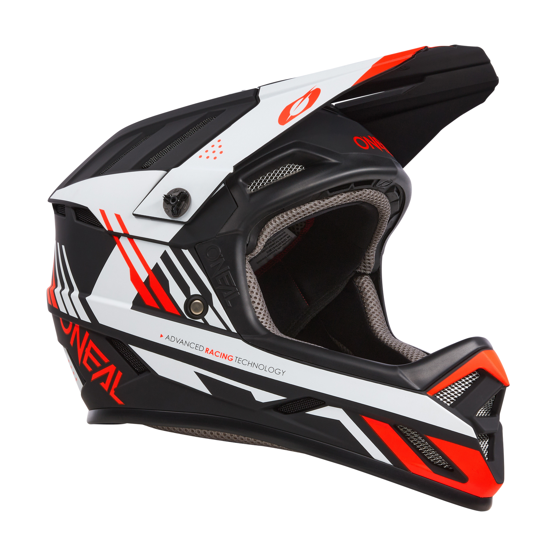 Der O'NEAL BACKFLIP Helm STRIKE ist ein schwarz-weiß-roter Fullface-Motocross- und MTB-Helm mit Belüftungslöchern und einem aerodynamischen Design, das von der Seite auf weißem Hintergrund dargestellt wird.