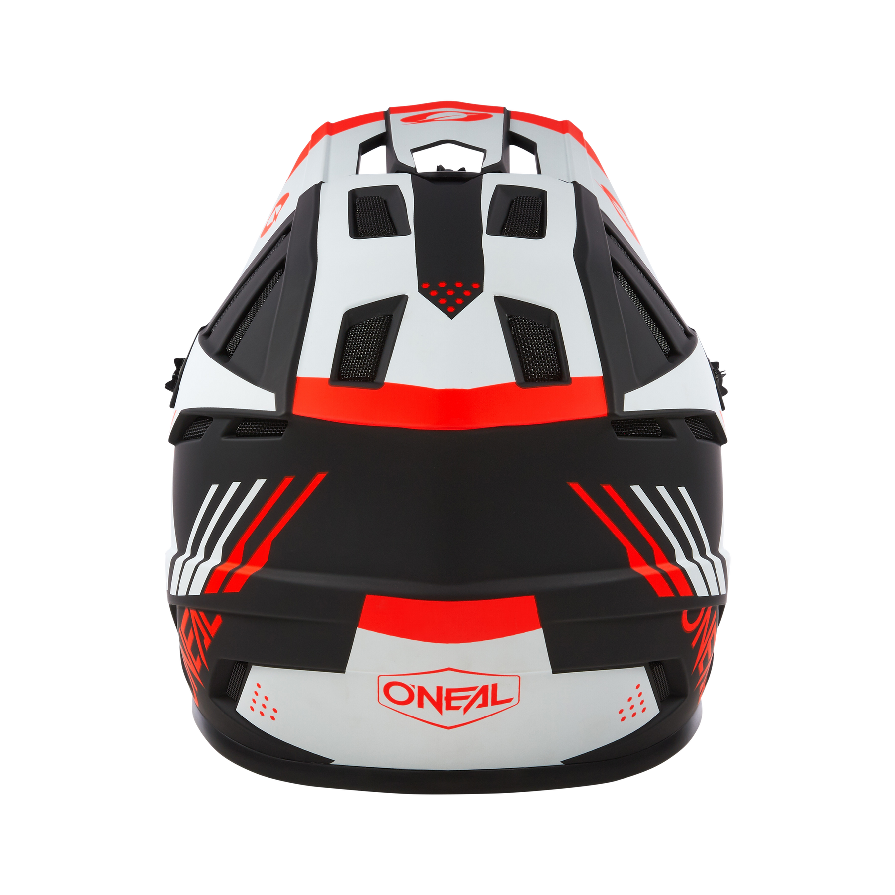 Der O'NEAL BACKFLIP Helm STRIKE, von hinten gesehen in Schwarz, Weiß und Rot mit geometrischen Mustern und Belüftungsöffnungen, bietet Stil und Schutz für Mountainbike-Fahrer.