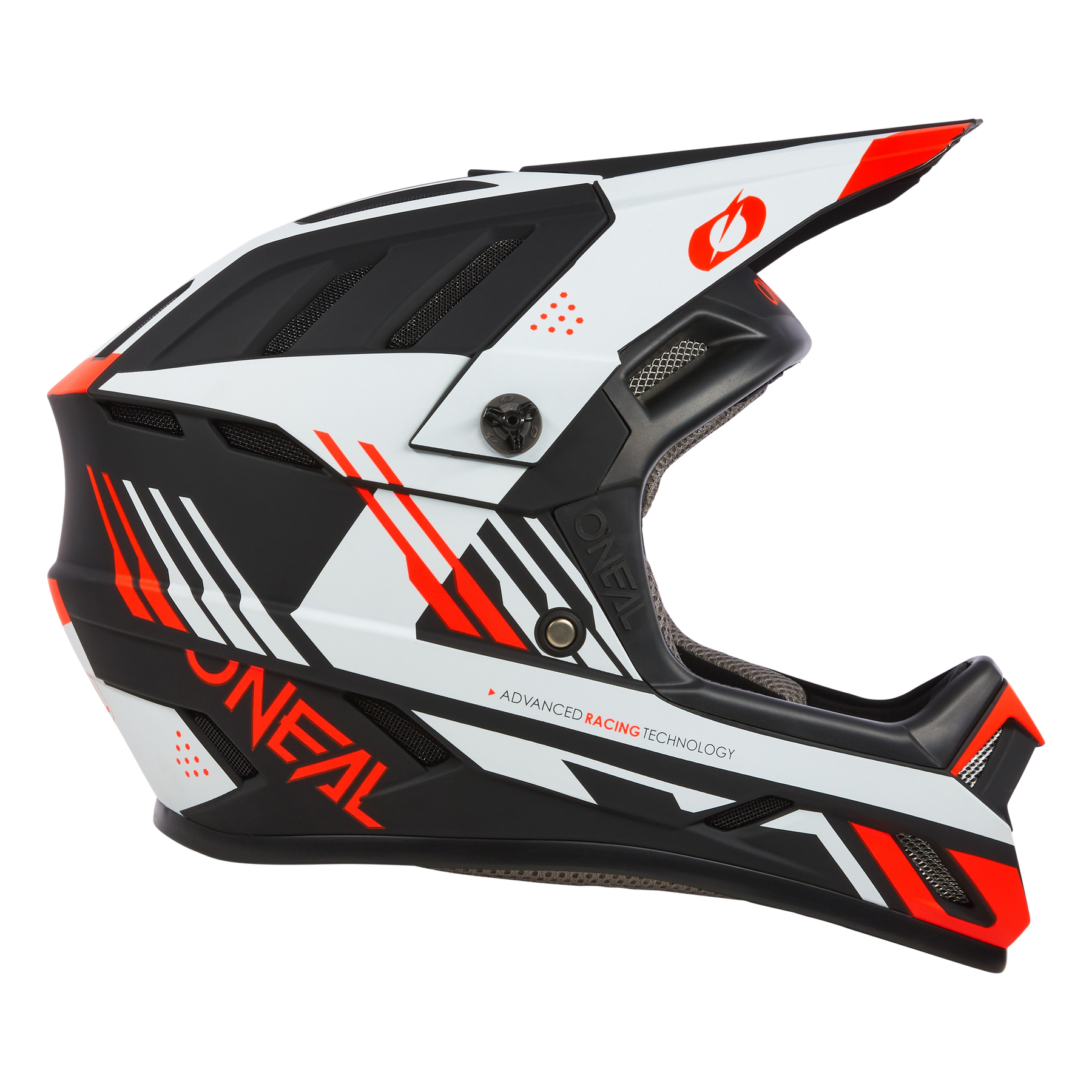 Der O'NEAL BACKFLIP Helm STRIKE ist ein Fullface-MTB-Helm mit geometrischem Design in Schwarz, Weiß und Rot, mit O'NEAL-Logo und "Advanced Racing Technology" - ideal für Mountainbike-Enthusiasten.