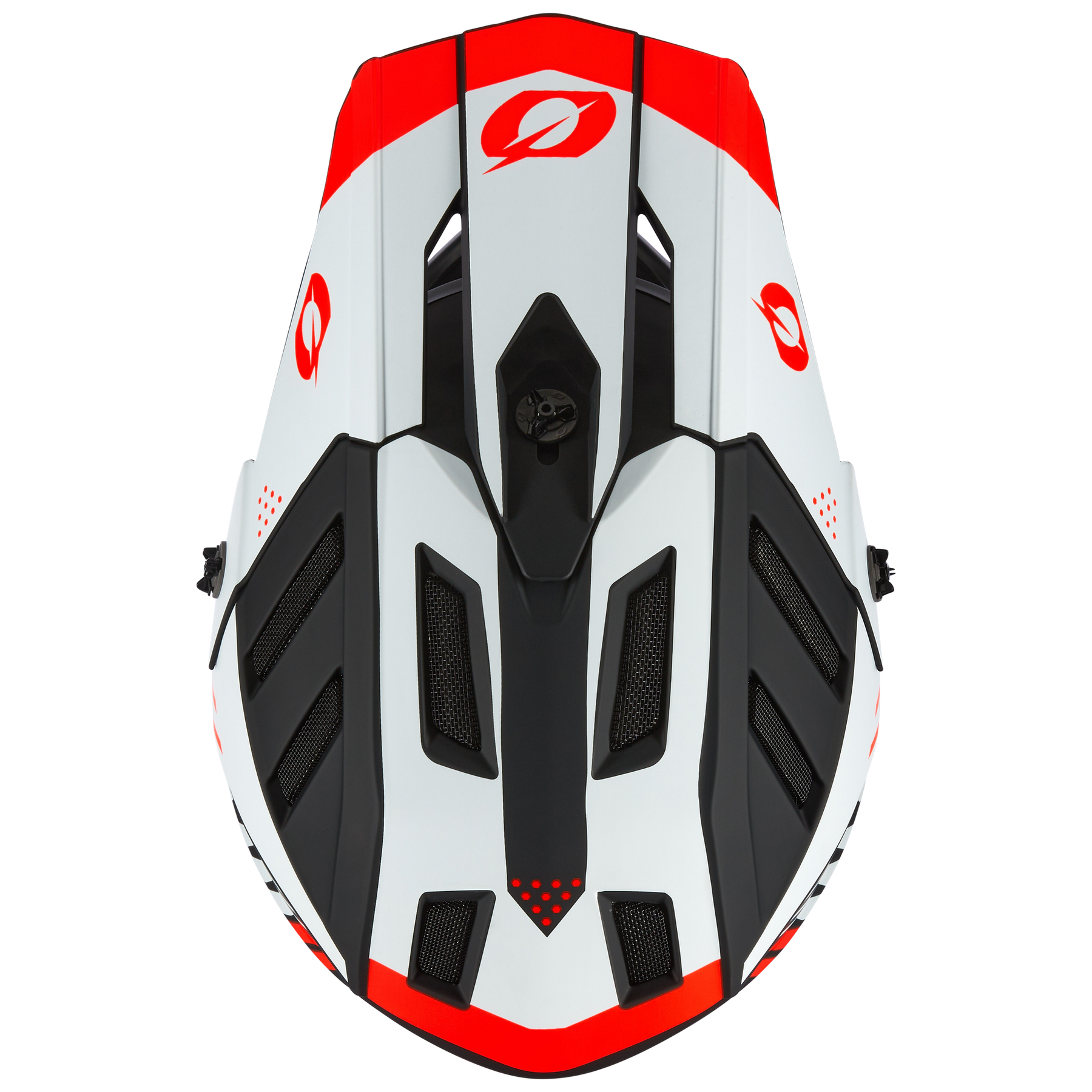 Eine Draufsicht auf den O'NEAL BACKFLIP Helm STRIKE in Weiß, Rot und Schwarz mit Belüftungsöffnungen, kantigen Designelementen und einem stilisierten roten O'NEAL-Logo - ideal für Mountainbike-Fans.