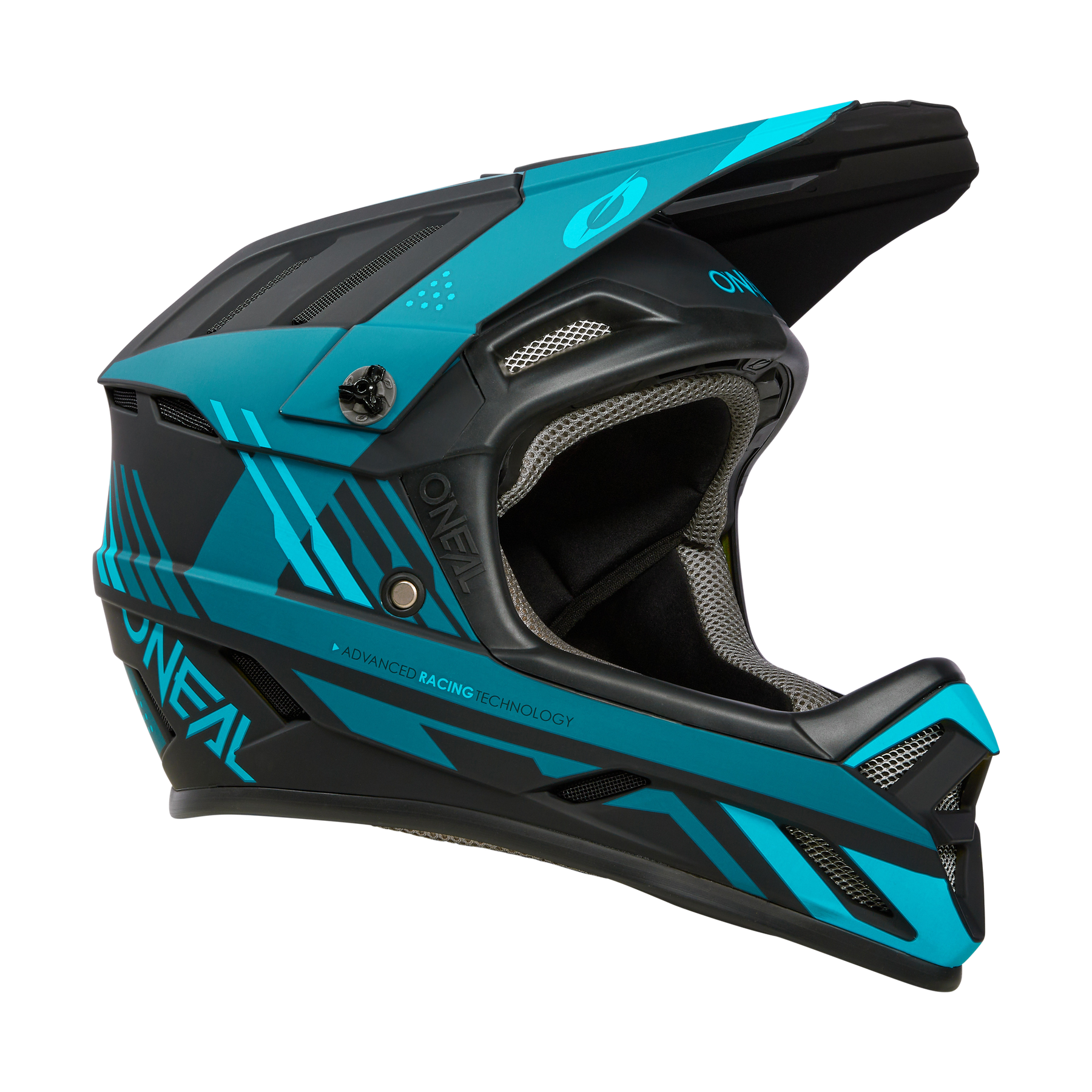 Der O'NEAL BACKFLIP Helm STRIKE ist ein schwarz-blauer Fullface-MTB-Helm mit Visier, Belüftungslöchern, gepolsterter Innenausstattung, geometrischen Mustern und "O'NEAL"-Branding - ideal für Mountainbike-Abenteuer.