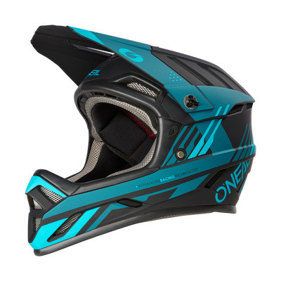 Der O'NEAL BACKFLIP Helm STRIKE ist ein teal-schwarzer Fullface-MTB-Helm mit Visier, Belüftungslöchern und seitlichem O'NEAL-Branding, der für fortschrittlichen Schutz bei Mountainbike-Rennen entwickelt wurde.