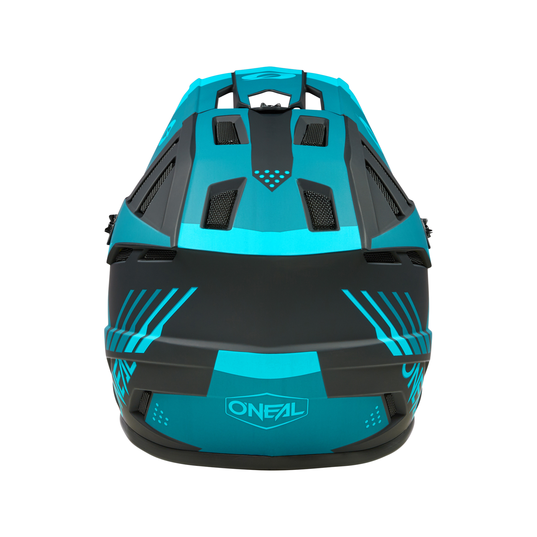 Der O'NEAL BACKFLIP Helm STRIKE verfügt über blaue und schwarze Streifen, kantige Belüftungsöffnungen und eine dynamische Rückansicht - ideal für Mountainbike-Abenteuer.