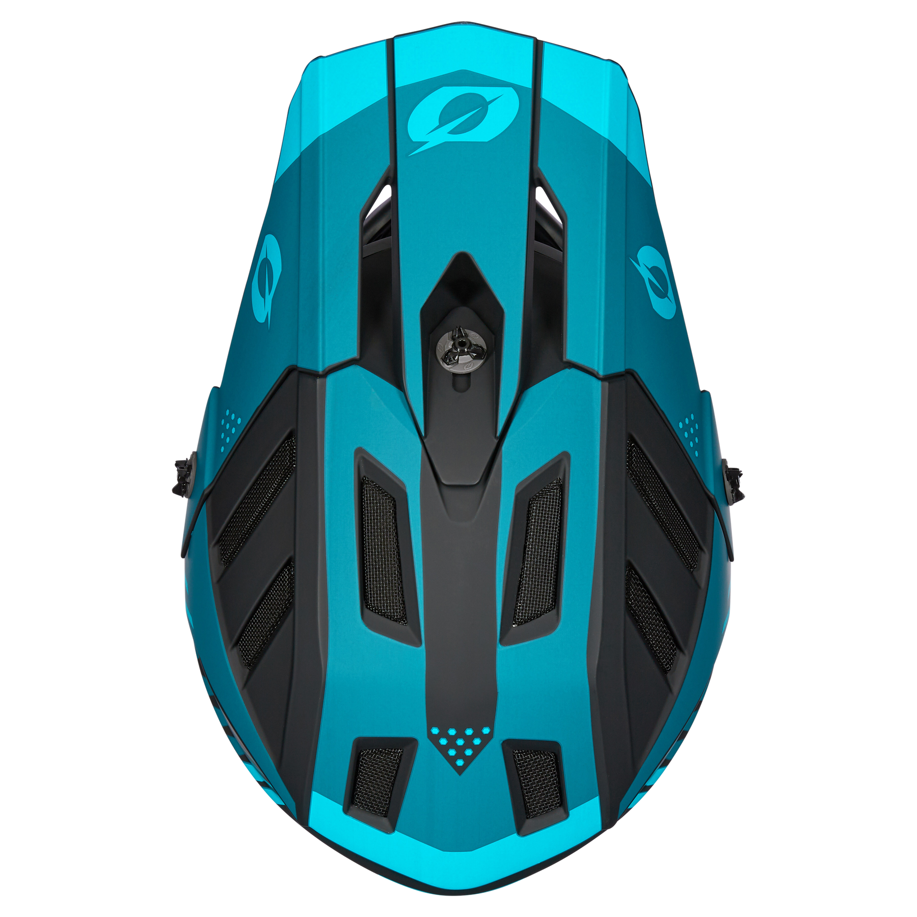 Draufsicht auf den O'NEAL BACKFLIP Helm STRIKE in Blau und Schwarz, mit Belüftungsöffnungen und Logodetails. Ideal für Mountainbike-Fahrer, die Stil und Schutz von O'NEAL wollen.