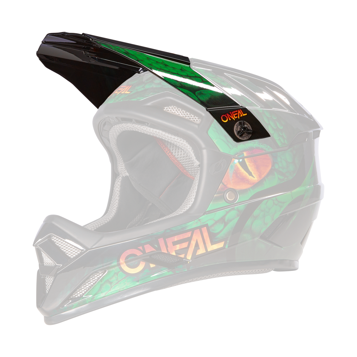 Der O'NEAL Visor BACKFLIP Helmet VIPER ist ein Integralhelm für Motocross mit einem auffälligen Drachendesign, überwiegend grün mit Schuppen und einem orangefarbenen Drachenauge an der Seite. Der Markenname „O'Neal“ ist prominent in Orange dargestellt und er verfügt über eine graue Innenpolsterung.