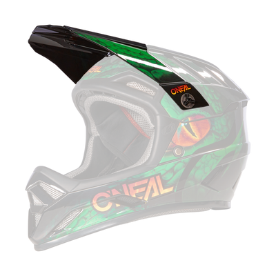 Der O'NEAL Visor BACKFLIP Helmet VIPER ist ein Integralhelm für Motocross mit einem auffälligen Drachendesign, überwiegend grün mit Schuppen und einem orangefarbenen Drachenauge an der Seite. Der Markenname „O'Neal“ ist prominent in Orange dargestellt und er verfügt über eine graue Innenpolsterung.