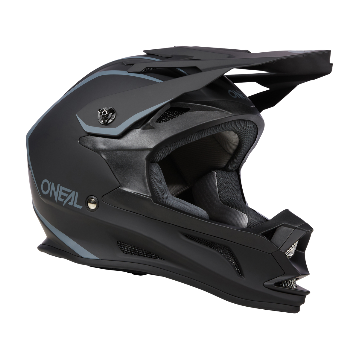 Der O'NEAL DROP DH Helm SOLID ist ein schwarz-grauer Integralhelm für Motocross mit Visier, aerodynamischem Design und mehreren Belüftungsöffnungen. Der Markenname „O'NEAL“ ist deutlich sichtbar an der Seite angebracht. Dieser Helm kombiniert Sicherheit und Komfort mit seiner gepolsterten Innenausstattung für verbesserten Schutz.
