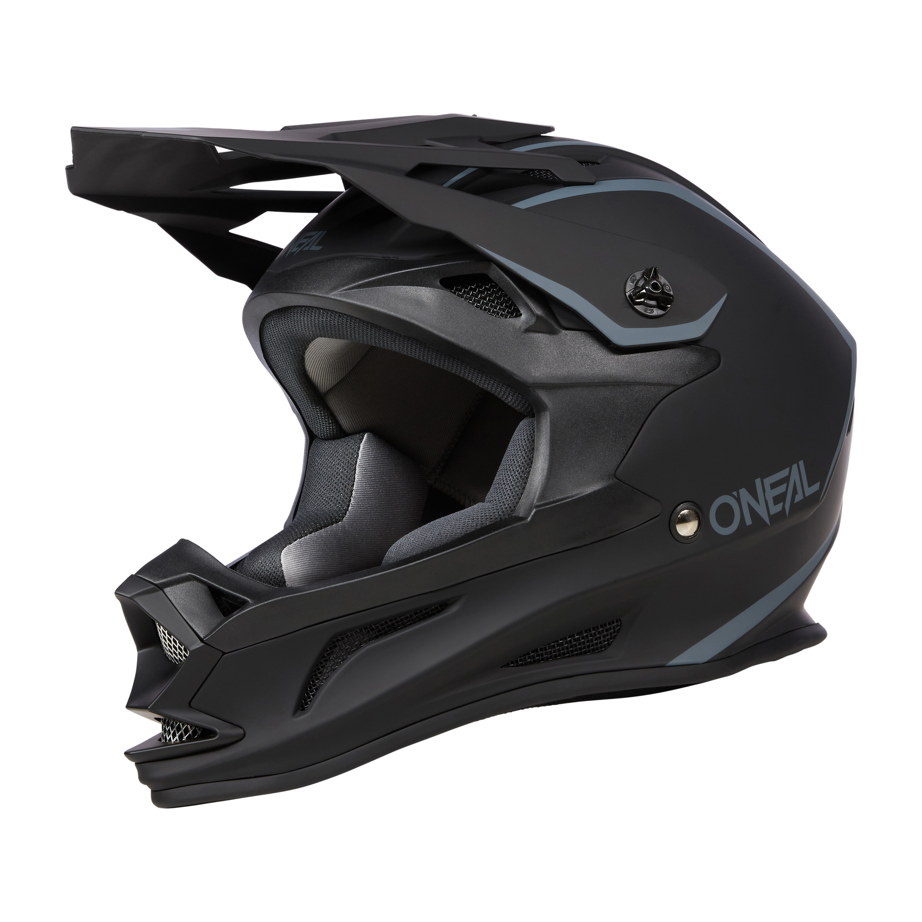 Der O'NEAL DROP DH Helm SOLID ist ein mattschwarzer Integralhelm mit blaugrauen Akzenten. Er verfügt über ein eckiges Visier und einen Kinnschutz, auf dessen Seite der Markenname „O'Neal“ in Weiß zu sehen ist. Dieser aerodynamische Helm ist für das Offroad-Biken konzipiert und bietet sowohl Sicherheit als auch Komfort.