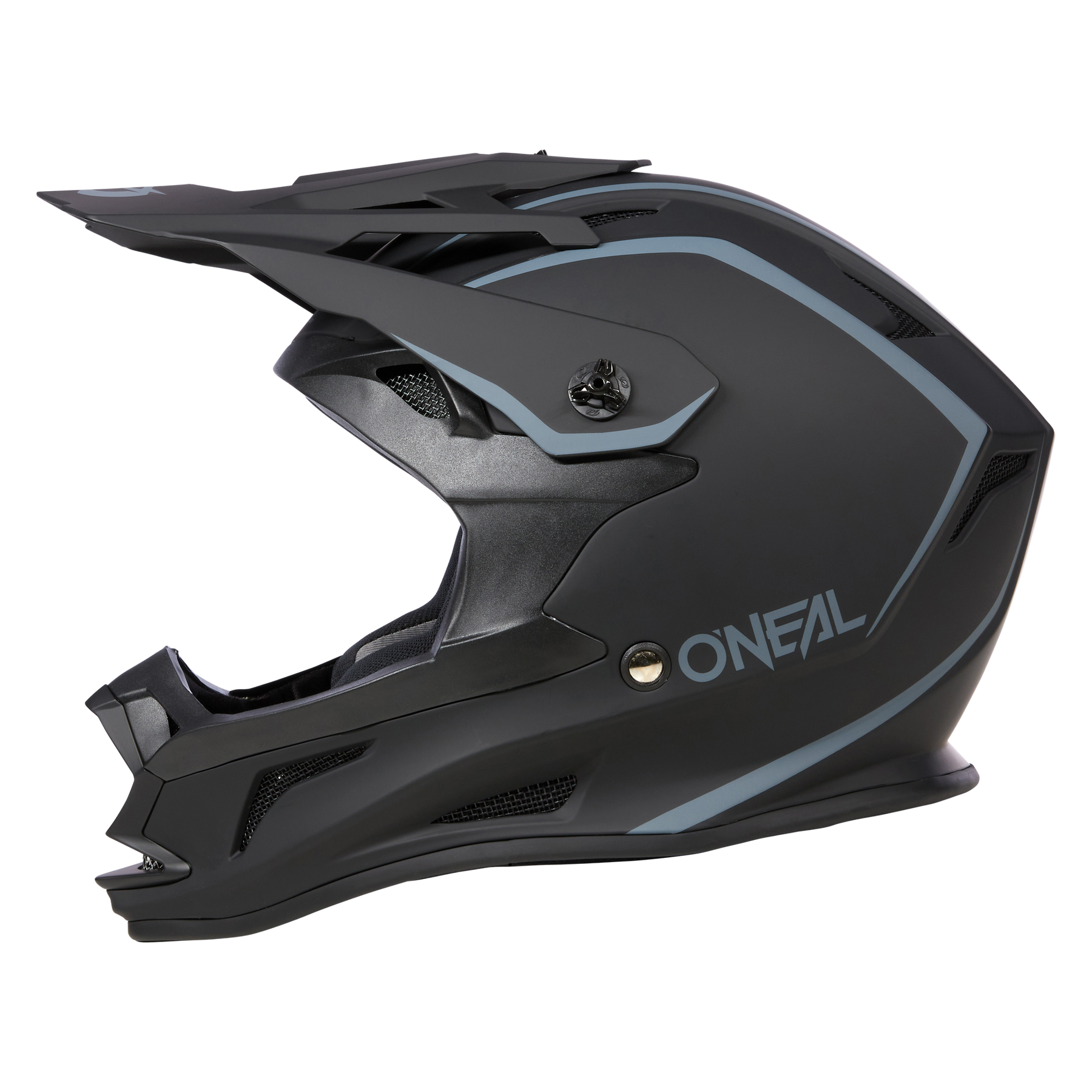 Der O'NEAL DROP DH Helm SOLID, ein mattschwarzer Integralhelm mit blauen Akzenten und einem schlanken, eckigen Design, verfügt über ein weißes Branding an der Seite, ein großes Visier und eine robuste Konstruktion. Dieser Helm bietet sowohl Komfort als auch Sicherheit für Motorsport- oder Radsportbegeisterte.