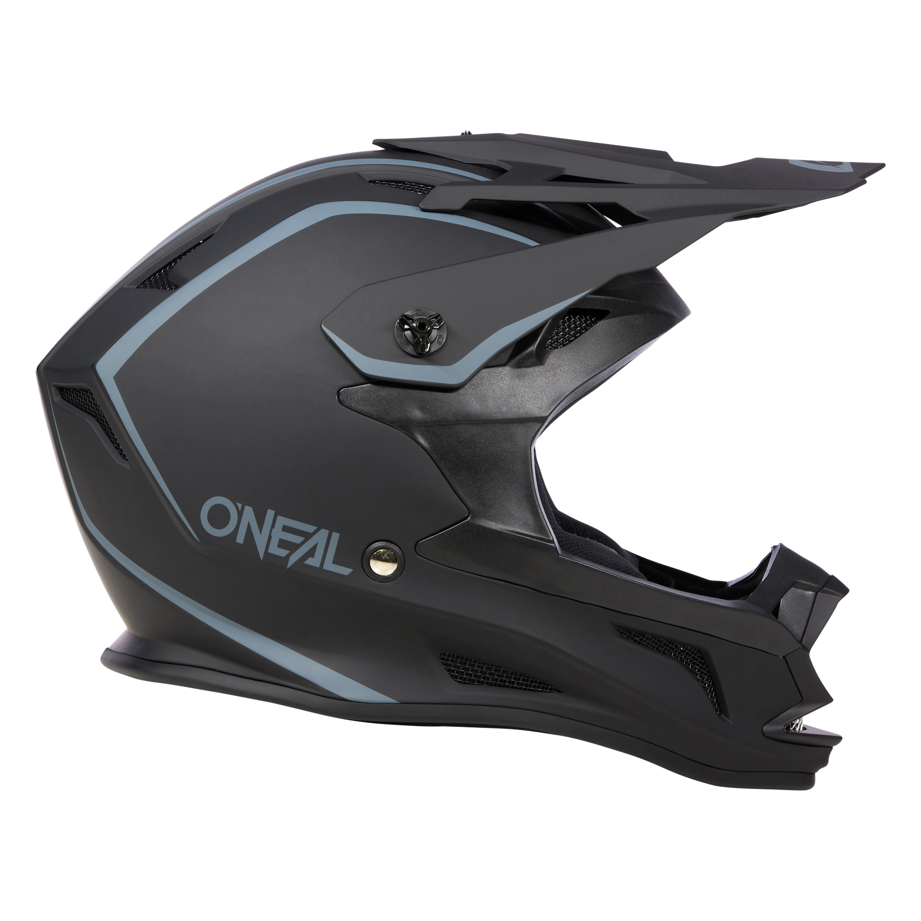 Schwarz-grauer Offroad-Motorradhelm mit blauen Akzenten, mit Integraldesign, großem Visier und Belüftungsöffnungen. Der Markenname „O'Neal“ ist deutlich sichtbar auf der Seite dieses O'NEAL DROP DH Helm SOLID zu sehen. Dieser moderne und robuste Helm bietet sowohl Sicherheit als auch Komfort und ist auf einem schwarzen Hintergrund zu sehen.