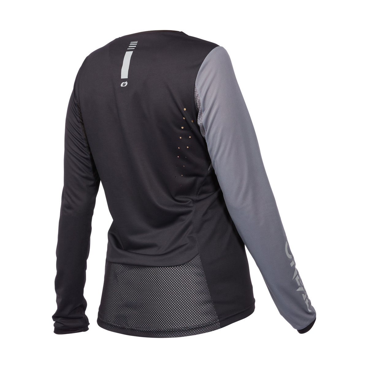 Das O'NEAL ELEMENT FR Women's MTB Jersey HYBRID ist ein langärmliges Sportshirt in Schwarz und Grau mit einem gut sichtbaren Streifen auf dem oberen Rücken und einem perforierten Mesh-Abschnitt auf dem unteren Rücken zur Belüftung. Der rechte Ärmel trägt das O'NEAL-Branding und das feuchtigkeitsableitende Gewebe sorgt für optimale Leistung.
