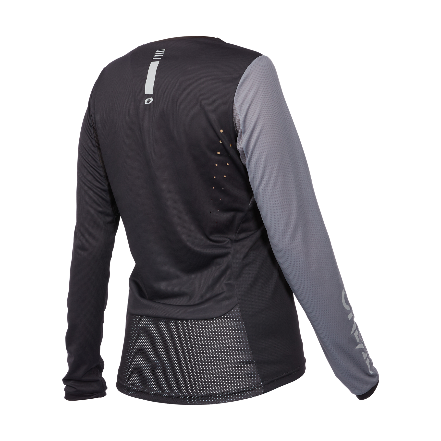 Das O'NEAL ELEMENT FR Women's MTB Jersey HYBRID ist ein langärmliges Sportshirt in Schwarz und Grau mit einem gut sichtbaren Streifen auf dem oberen Rücken und einem perforierten Mesh-Abschnitt auf dem unteren Rücken zur Belüftung. Der rechte Ärmel trägt das O'NEAL-Branding und das feuchtigkeitsableitende Gewebe sorgt für optimale Leistung.