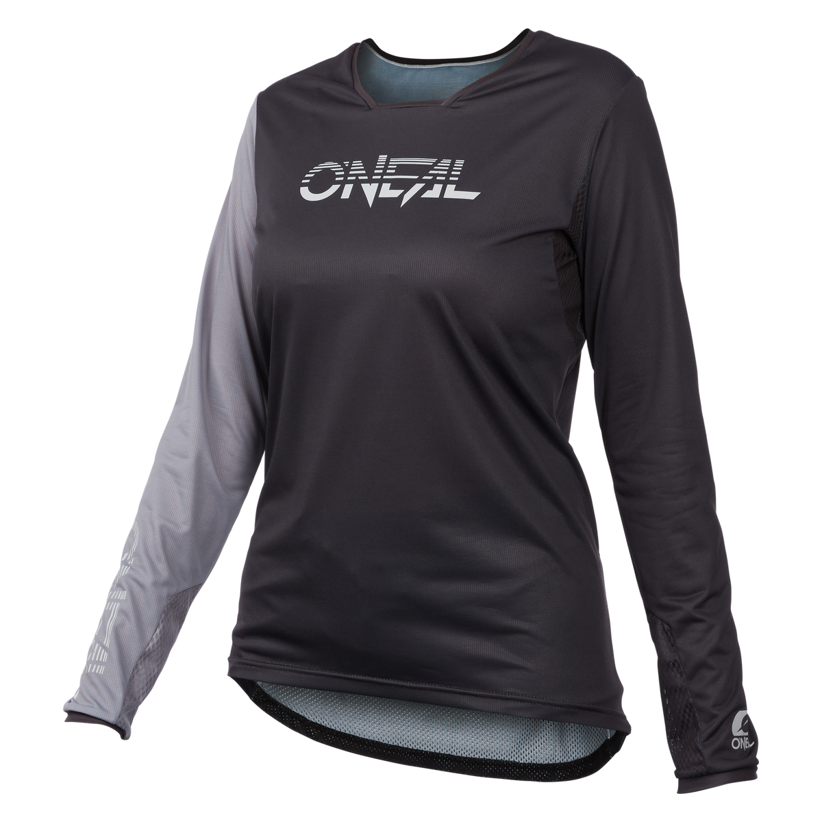 Das O'NEAL ELEMENT FR Damen MTB-Trikot HYBRID hat lange Ärmel mit einer dunklen, einfarbigen Farbe auf der rechten Seite und am Ärmel und einem helleren Farbton am linken Ärmel. Das Trikot trägt deutlich sichtbar „O'NEAL“ in fetten weißen Buchstaben auf der Brust und „ONeal“ auf dem linken Unterarm.