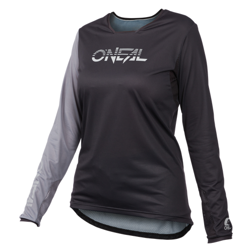 Das O'NEAL ELEMENT FR Damen MTB-Trikot HYBRID hat lange Ärmel mit einer dunklen, einfarbigen Farbe auf der rechten Seite und am Ärmel und einem helleren Farbton am linken Ärmel. Das Trikot trägt deutlich sichtbar „O'NEAL“ in fetten weißen Buchstaben auf der Brust und „ONeal“ auf dem linken Unterarm.