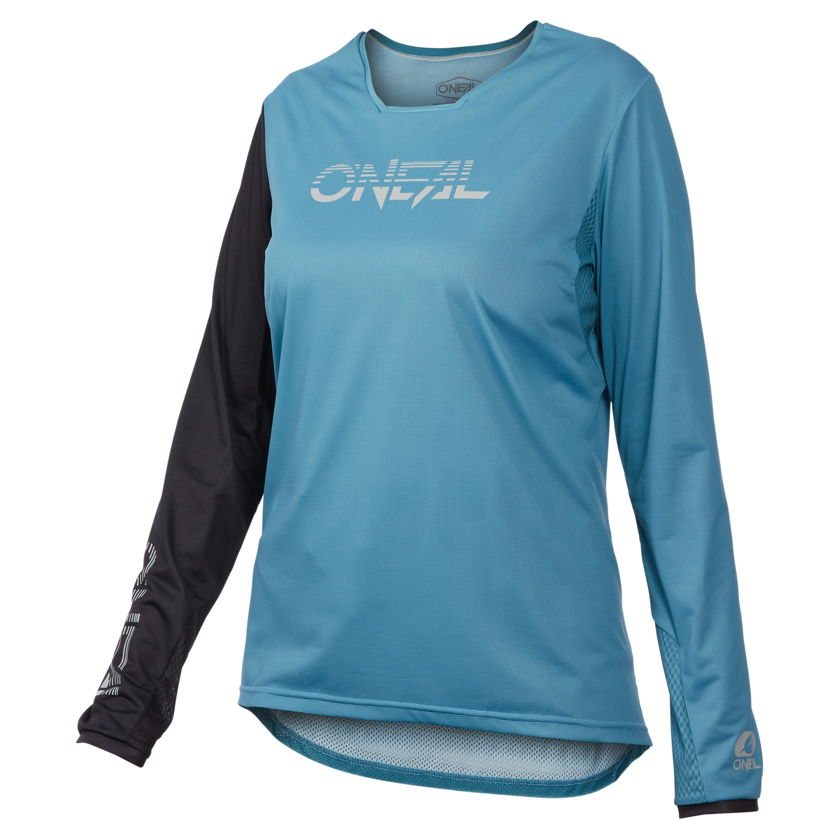 Ein blaues Langarm-Radtrikot, das O'NEAL ELEMENT FR Women's MTB Jersey HYBRID, trägt den Markennamen „O'NEAL“ in Weiß auf der Brust. Der linke Ärmel ist schwarz mit weißen Logodetails auf dem Unterarm, während der rechte Ärmel zum blauen Körper des Trikots passt.
