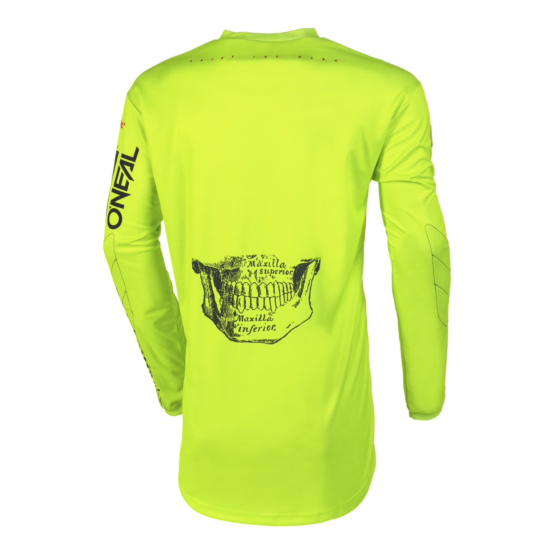 Das O'NEAL Custom Jersey Kinder ATTACK ist ein leuchtend gelbes Langarmtrikot mit dem Schriftzug "O'NEAL" auf dem Ärmel und einem schwarzen anatomischen Kieferknochenmotiv auf dem Rücken, das auf weißem Hintergrund abgebildet ist.