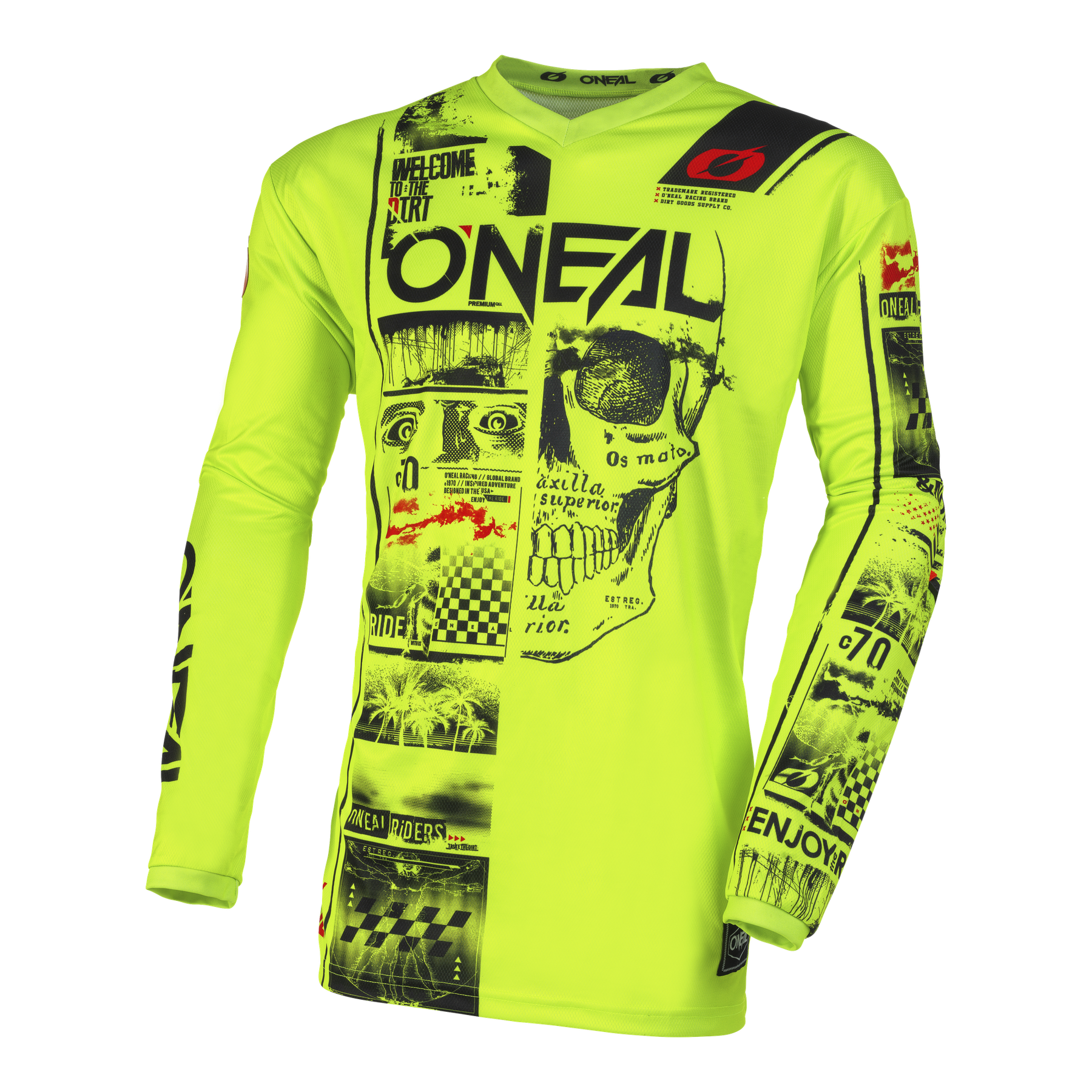 Ein gelbes Langarmtrikot von O'NEAL Custom Jersey Kinder ATTACK mit schwarzem Schriftzug, das ein einzigartiges O'NEAL-Design aufweist.