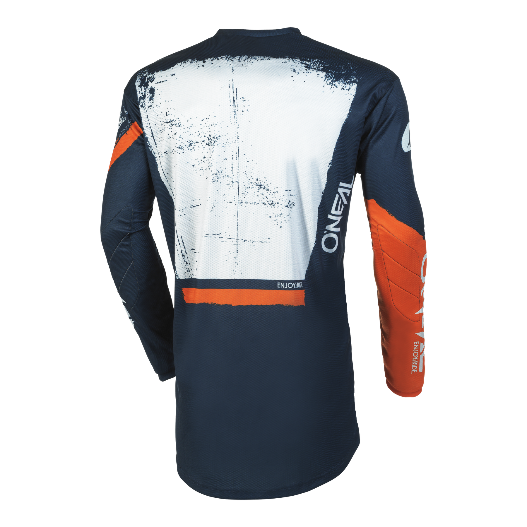 Das O'NEAL ELEMENT Trikot SHOCKER hat eine dunkelblaue Grundfarbe mit abstrakten Motiven in Weiß und Orange auf dem Rücken und den Ärmeln. Der Schriftzug O'NEAL" ist vertikal auf der rechten Seite aufgedruckt, und das atmungsaktive Material sorgt für eine perfekte Passform.